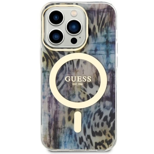 Sada na telefon Guess GUHMP14XHLEOPWB pro Apple iPhone 14 Pro Max 6,7" černý/modrý pevný obal Leopard MagSafe