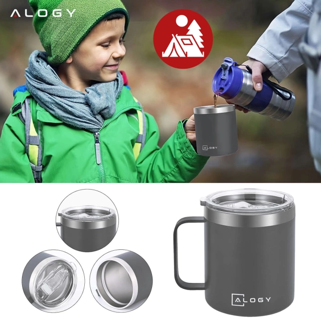 Kubek termiczny 420ml z uchwytem pokrywką na kawę herbatę stalowy zimne i ciepłe napoje Alogy Szary
