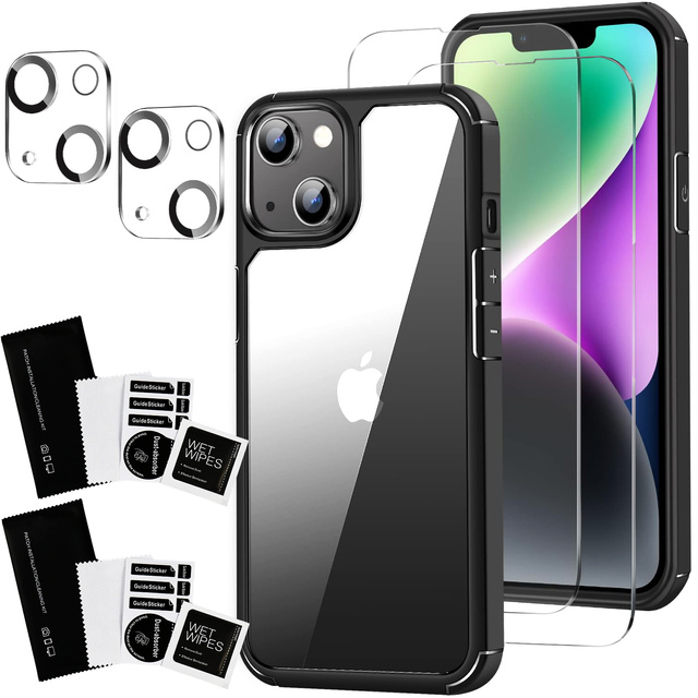 Case for iPhone 14 Plus set of 4 glasses 5in1 armored 360 Alogy Hybrid 2x screen glass 2x lens black-transparent