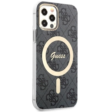 Zestaw Guess GUBPP12MH4EACSK nabíječka pouzdra iPhone 12/12 Pro černé/černé pevné pouzdro 4G Print MagSafe