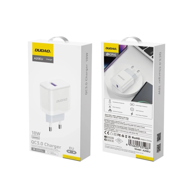 Ładowarka Dudao A20EU 18W USB-A Quick Charge 3.0 Biała