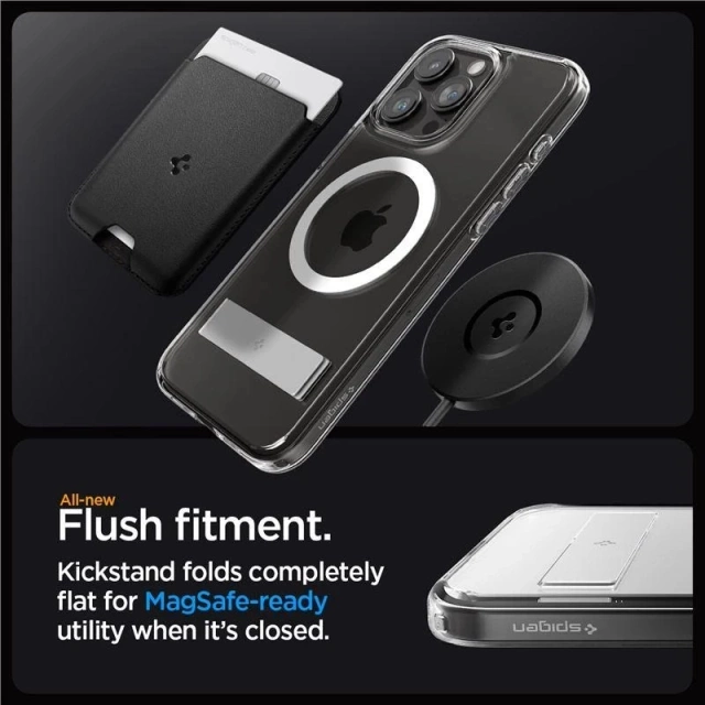 Puzdro Spigen Ultra Hybrid S MagSafe so stojanom pre iPhone 15 Pro - priehľadné