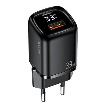 USAMS Nástenná nabíjačka 1x USB-C 1x USB T46 33W (iba hlava) PD3.0 QC3.0 Fast Charging black/black CC152TC01 (US-CC152)