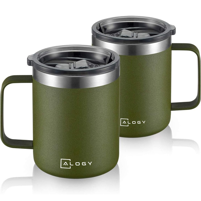 Thermobecher 2er-Set Thermobecher 420 ml mit Henkel und Deckel für Kaffee und Tee, Stahl Alogy Green