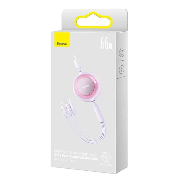 Kábel USB 3w1 Baseus Bright Mirror 3, micro USB / Lightning / USB-C, 66 W / 2 A, 1,1 m (fioletowy)