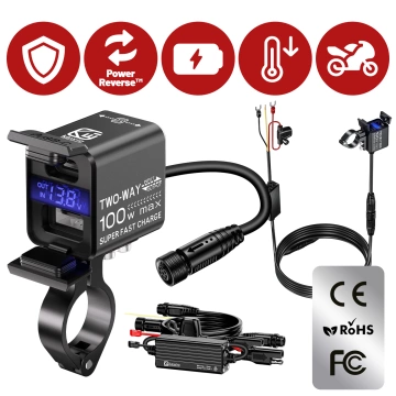 Kewig Motorradladegerät, universelles Aluminium-Ladegerät, 100 W, bidirektional mit Voltmeter, Schnellladefunktion über USB-A und USB-C, intelligent und wasserdicht – Schwarz