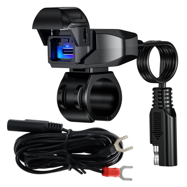 Nabíjačka na motocykel Kewig USB-C 36W, rýchle nabíjanie QC, vodotesná IP65 s vypínačom a LED podsvietením, upevnenie na riadidlá, pre telefón, kameru, interkom – čierna