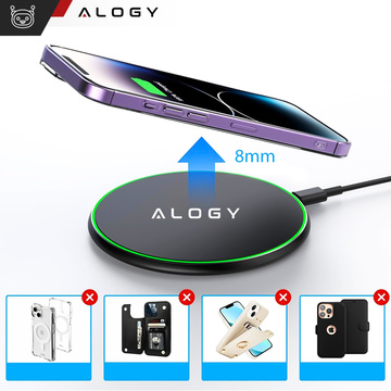 QI wireless inductive charger 15W fast LED Alogy round for iPhone USB-C cable Black