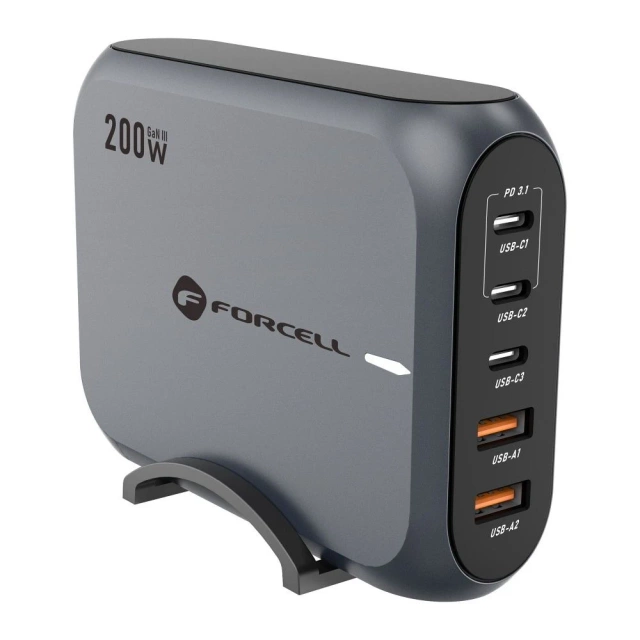 Stolná nabíjačka Forcell GaN III 200W 3xUSB-C 2xUSB-A PD QC SFC
