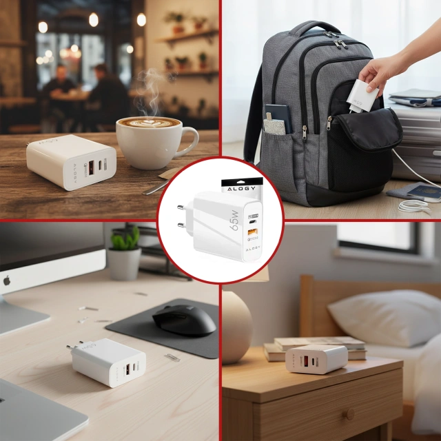 Rychlé USB-A QC 3.0 Quick Charge USB-C PD 33W 65W nástěnná nabíječka Alogy White