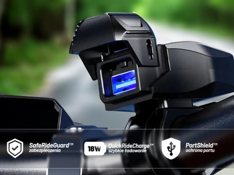 Nabíjačka na motocykel Kewig USB-A 18W, rýchle nabíjanie QC, vodotesná IP65 s vypínačom a LED podsvietením, upevnenie na riadidlá, pre telefón, kameru, interkom – čierna