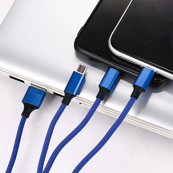 3v1 USB-C micro USB Lightning kabel rychlé nabíjení SOMOSTEL SMS-BW03 QC3.0 Quick Charge 2.1A 10W 1.2 m Powerline Blue