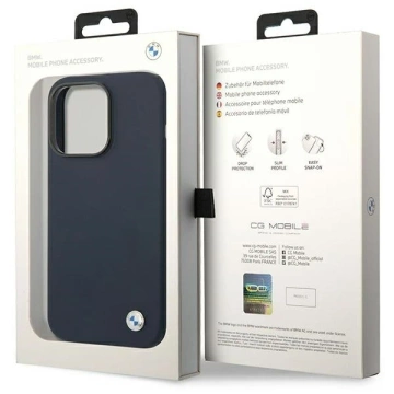 Pouzdro na telefon BMW BMHMP14XSTRONG pro Apple iPhone 14 Pro Max 6,7" tmavě modrá/námořnická barva silikonové kovové Logo MagSafe