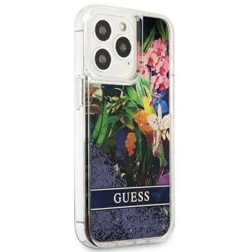 Guess GUHCP13XLFLSB iPhone 13 Pro Max 6,7" niebieski/modré pevné puzdro Flower Liquid Glitter