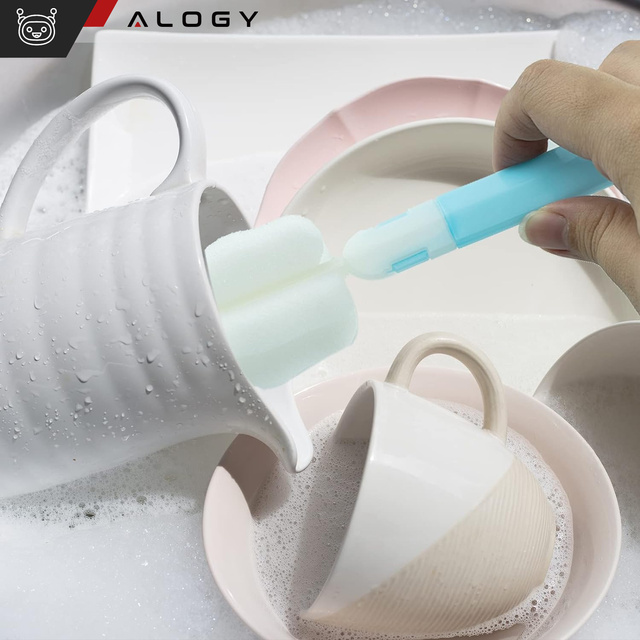 Umývacia kefka na čistenie fliaš, pohárov a pohárov Sponge Cleaner Umývačka so sklopnou rukoväťou Alogy modrá a biela