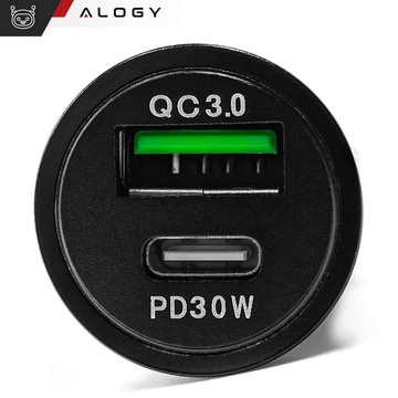 Nabíječka do auta 48W USB QC 3.0 18W USB-C C PD 30W rychlá výkonná pro Alogy Autotelefon černý kabel USB-C 1m