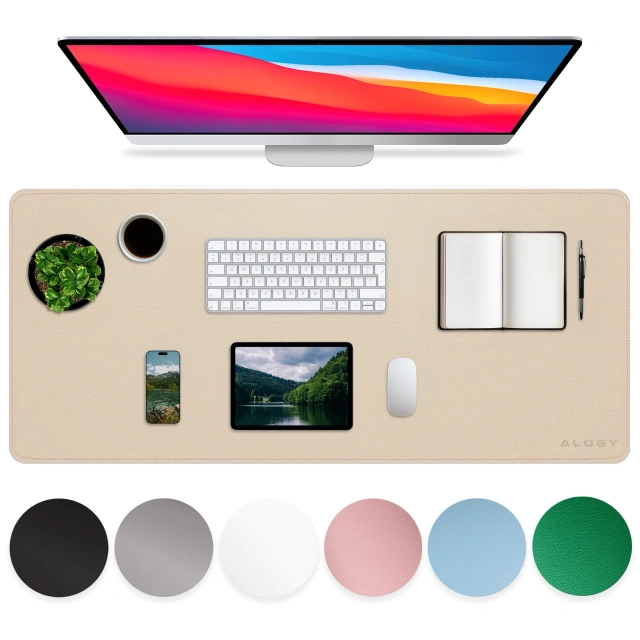 Desk pad 80×40 cm – anti-slip protective mat made of elegant PU eco-leather, for mouse and keyboard, stylish and durable – Alogy WorkMat™ Beige