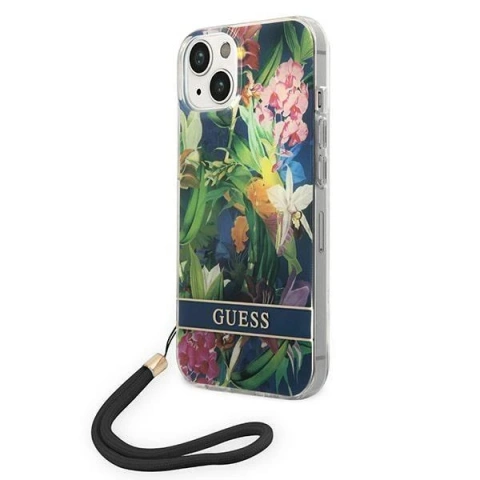 Etui Guess GUOHCP14SHFLSB do Apple iPhone 14 6,1" niebieski/modré pevné puzdro Flower Strap