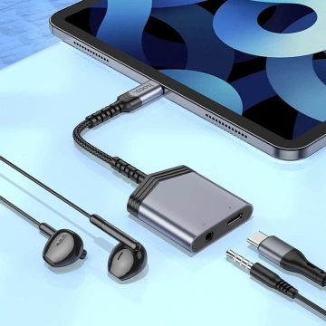 Адаптер HOCO AUX 2в1 Type-C на Type-C / Jack 3.5 мм 27W LS39 сірий