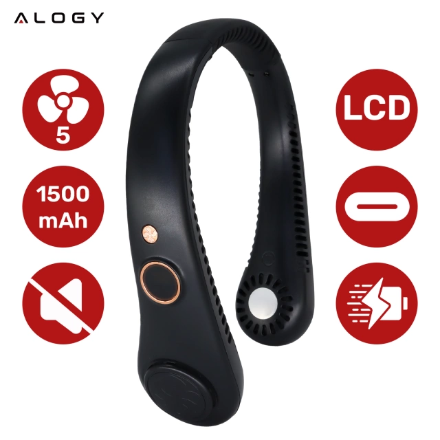 Alogy BreezeNeck™ Neck Fan Mini Air Circulator with Display 1500mAh Black