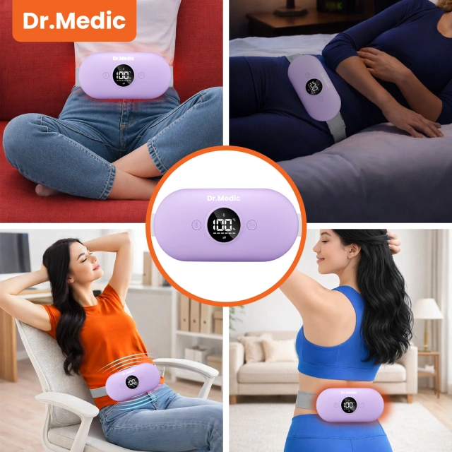 Pas Grzejący z Masażerem na okres i plecy - przeciwbólowy, ciepło + wibracje, 6 poziomów intensywności, akumulator 1800 mAh - Dr.Medic ThermoPulse™ Fioletowy