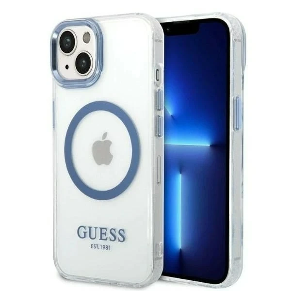 Na telefón Guess GUHMP14MHTRMB pre Apple iPhone 14 Plus 6,7" niebieski/modrý pevný obal Metal Outline Magsafe