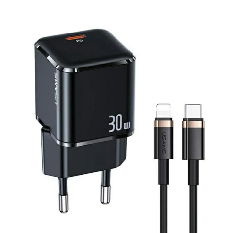 USAMS Wall charger 1x USB-C T45 30W PD3.0 Fast Charging cable U63 USB-C/Lightning black/black UXTZH01 (USAMS-UX)