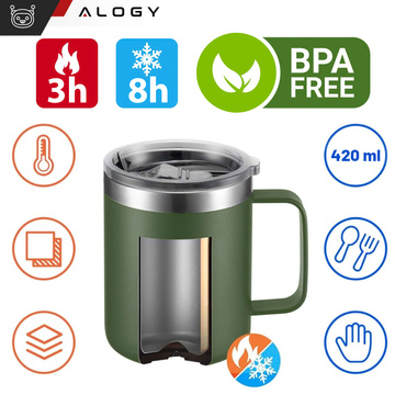 Thermal mug 420ml with handle lid for coffee, tea, steel, cold and hot drinks Alogy Green Washing brush