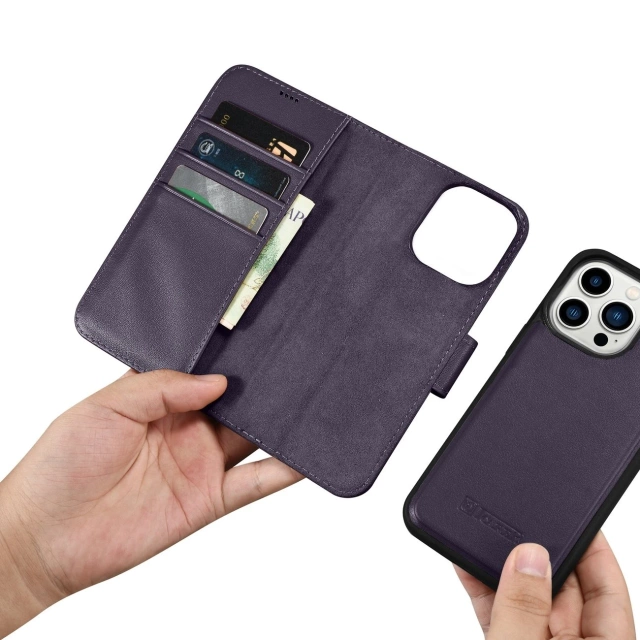 iCarer Wallet Case 2v1 puzdro na telefón pre iPhone 14 Pro Max Anti-RFID Flip Leather Cover Dark Purple
