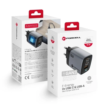 Wandladegerät mit LCD-Display FORCELL F-ENERGY GaN III 2 x Typ C USB A 70W Grau