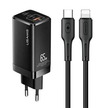 USAMS Nástenná nabíjačka MT 2xUSB-C USB GaN 65W T33 PD USB-C-Lightning 30W kábel rýchleho nabíjania čierna/čierna MTXLOGTL01
