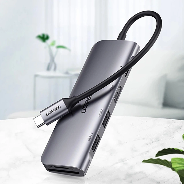 Ugreen CM195 Adapter USB-C HDMI USB-A SD TF PD 100W Hub 6in1 Gray