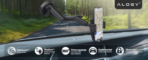 Držák telefonu do auta 7,2" na kamion, autobus, náklaďák, bagr, auto, délka 43 cm, na okno kokpitu, Alogy, Černá