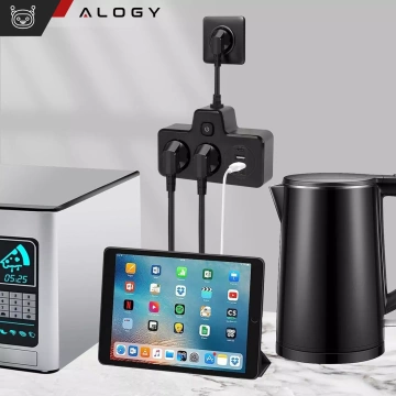 Alogy Plug Extender rozbočovač zásuvek rozbočovač adaptér prodlužovací kabel 2x EU zástrčka 2x USB 2x USB-C Černá