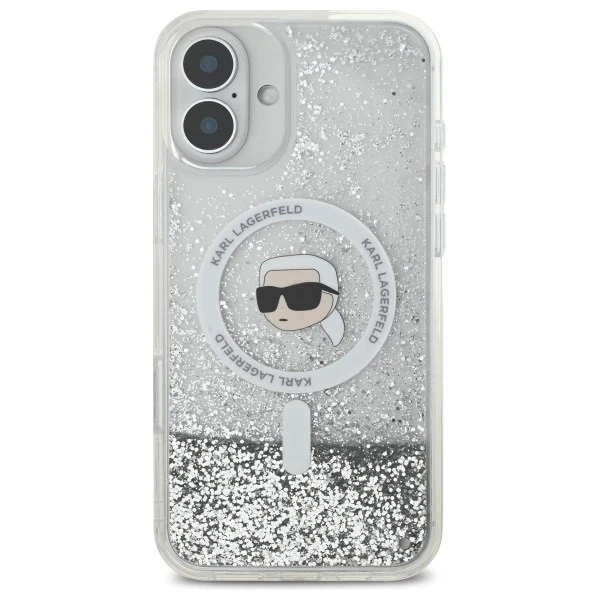 Etui Karl Lagerfeld do iPhone 16 Plus 6.7" Magsafe Hardcase Transparent Liquid Glitter Karl Head