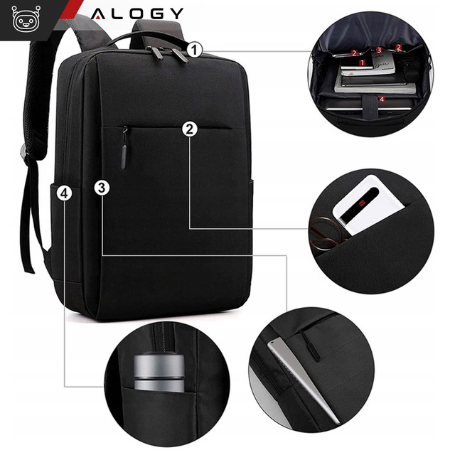 Rucksack Laptoptasche 15,6" groß wasserdicht mit USB-Anschluss Unisex 41x29x12cm für Flugzeug Alogy Rucksack Schwarz