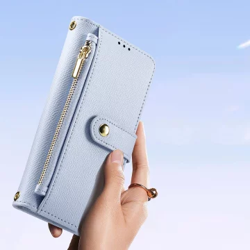Etui skórzane do iPhone 16e Dux Ducis Lawa z portfelem MagSafe błękitne
