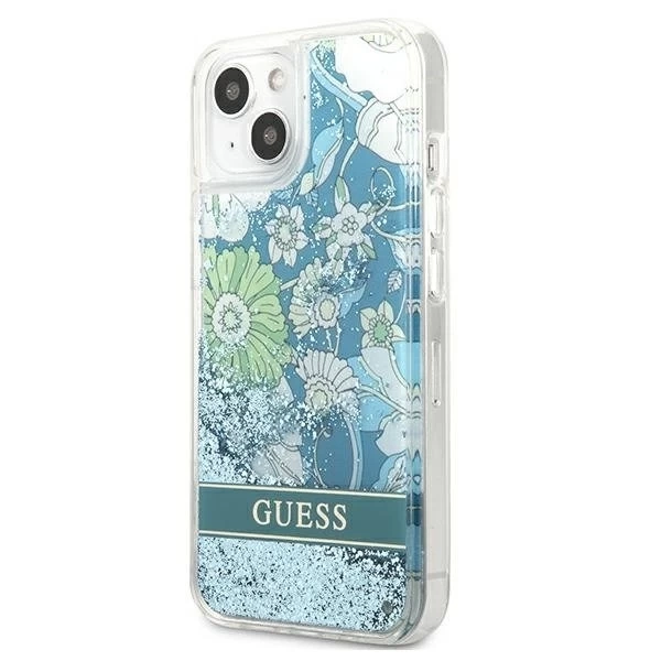 Guess GUHCP13MLFLSN iPhone 13 6,1" zielony/zelené pevné pouzdro Flower Liquid Glitter