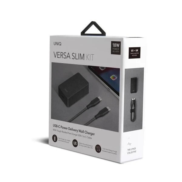 UNIQ Wandladegerät Versa Slim USB-C PD 18W USB-C zu USB-C Kabel schwarz/kohleschwarz (LITHOS Collective)