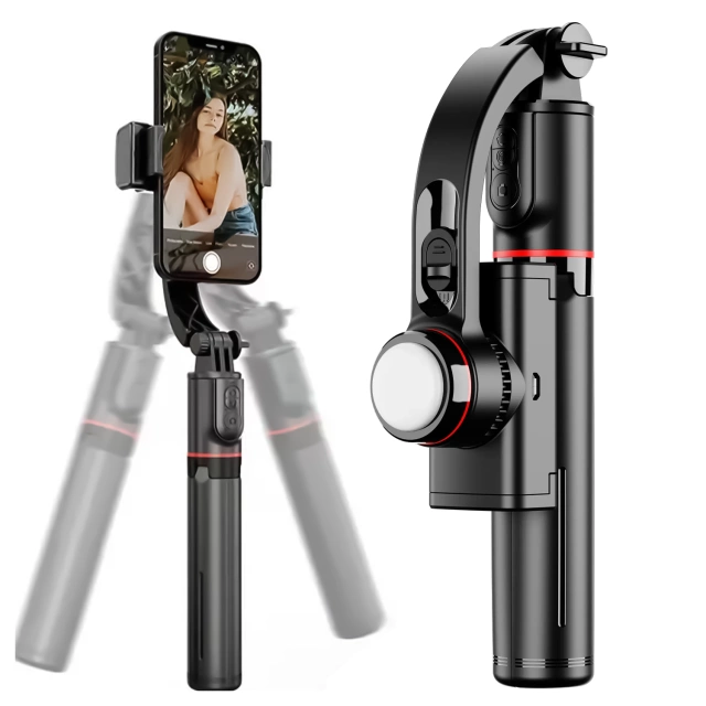 Stabilní stativ s gimbalem a dálkovým ovládáním Bluetooth, selfie tyčí, LED lampou, otočným osvětlením o 360°, 70 cm, Techsuit L19s, černý