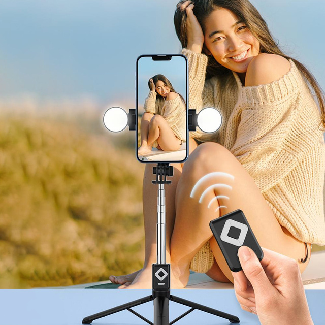 Selfie Stick Phone Holder Tripod Ring LED Tripod with Bluetooth Remote Control Black
