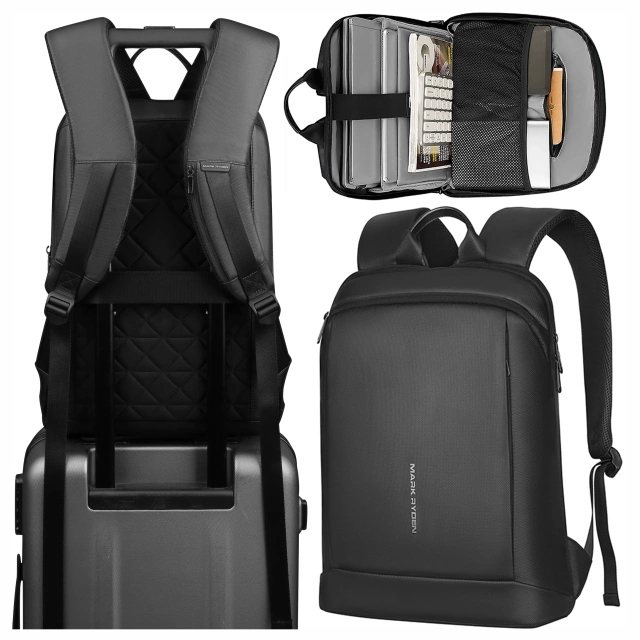 Mark Ryden 15.6" Laptop Backpack, Waterproof Business and Travel, Comfortable, 180° Opening, with Suitcase Hook, 13L (43×30×10 cm) – Black