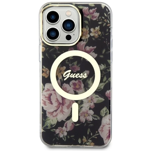 Sada na telefon Guess GUHMP14XHCFWSK do Apple iPhone 14 Pro Max 6,7" černý/černý pevný obal Flower MagSafe