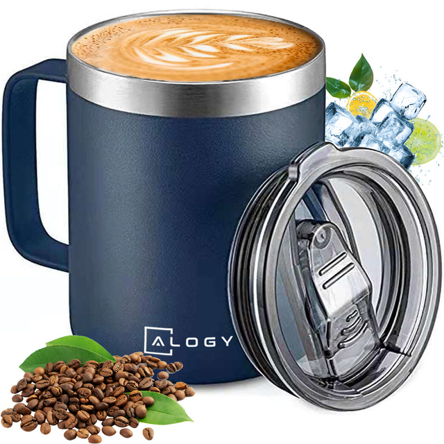 Thermal mug 420ml with handle lid for coffee tea steel cold and warm drinks Alogy navy blue Washing brush