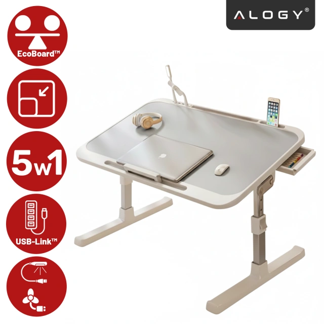 Stolik składany regulowany 60×35 cm – biurko na laptopa z szufladą i portem USB, składane nogi, stabilna konstrukcja do pracy i nauki – Alogy FoldDesk™