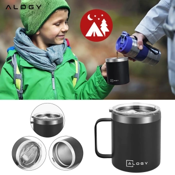 Termohrnček 420 ml s uškom a vrchnákom na kávu, čaj, oceľ, studené a teplé nápoje, Alogy Black