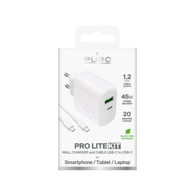 Ładowarka Puro Daily Prolite 45W PD USB-C/USB-A + kabel USB-C – biała
