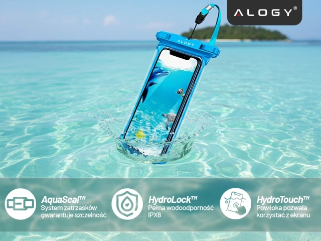 Univerzálne vodotesné puzdro Alogy HydroShield™ IPX8 pre telefóny do 6,5", vodotesná ochrana na pláž, pri bazéne a v kajaku, dotykový displej vpredu a popruh na krk - modré
