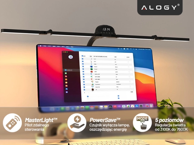 Lampa Biurkowa LED RGB do Monitora ze Składaną Konstrukcją, Regulowaną Jasnością i Pełnym Spektrum Światła, z Mocowaniem do Blatu, Ochrona Oczu, Alogy VisionBar™ – Czarna