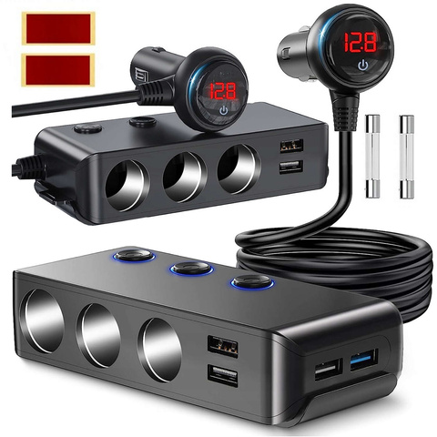 Розгалужувач розетки прикурювача x3 Автомобільний 4x USB QC 12-24V Зарядний пристрій Перехідник перемикач 120W Alogy Black